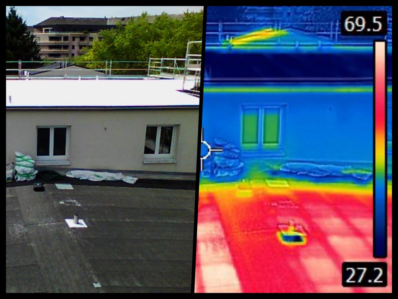 Comparaison réelle et thermographique d’une toiture blanche et d’une toiture sombre