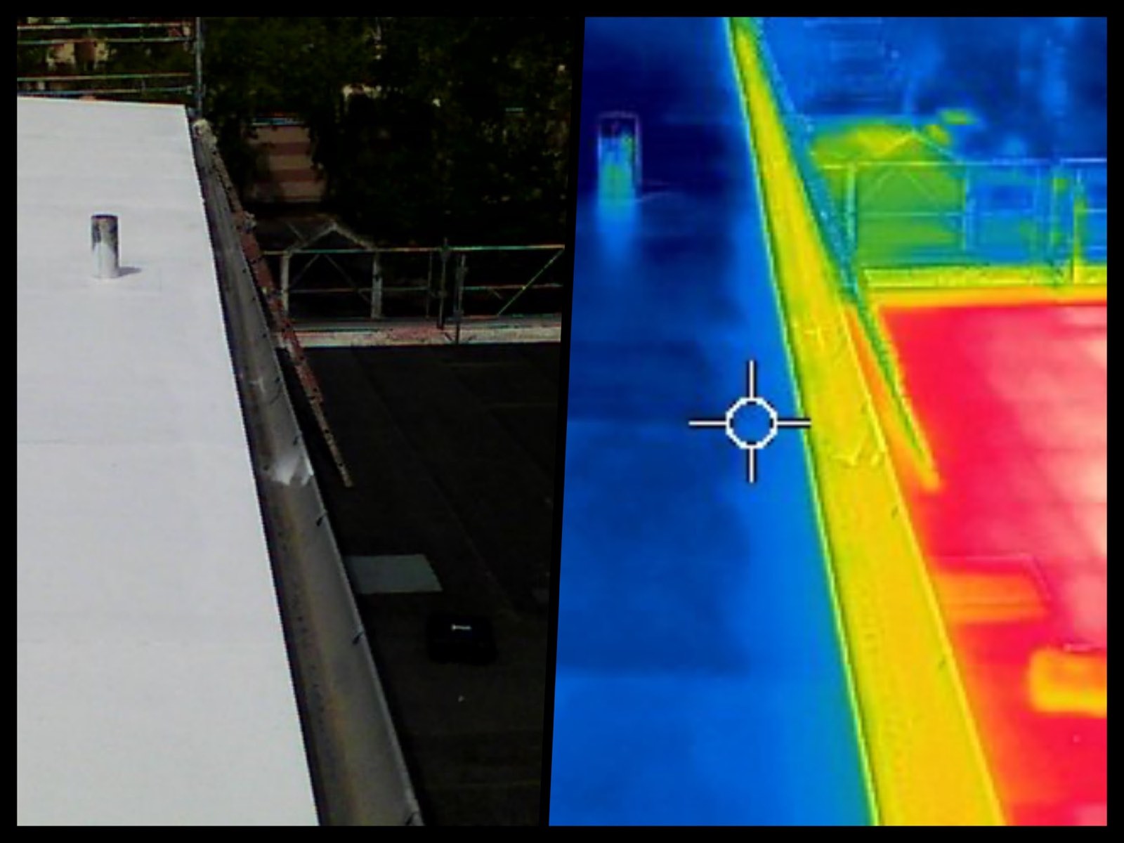 Détail thermique de la jonction entre une toiture blanche et une toiture sombre